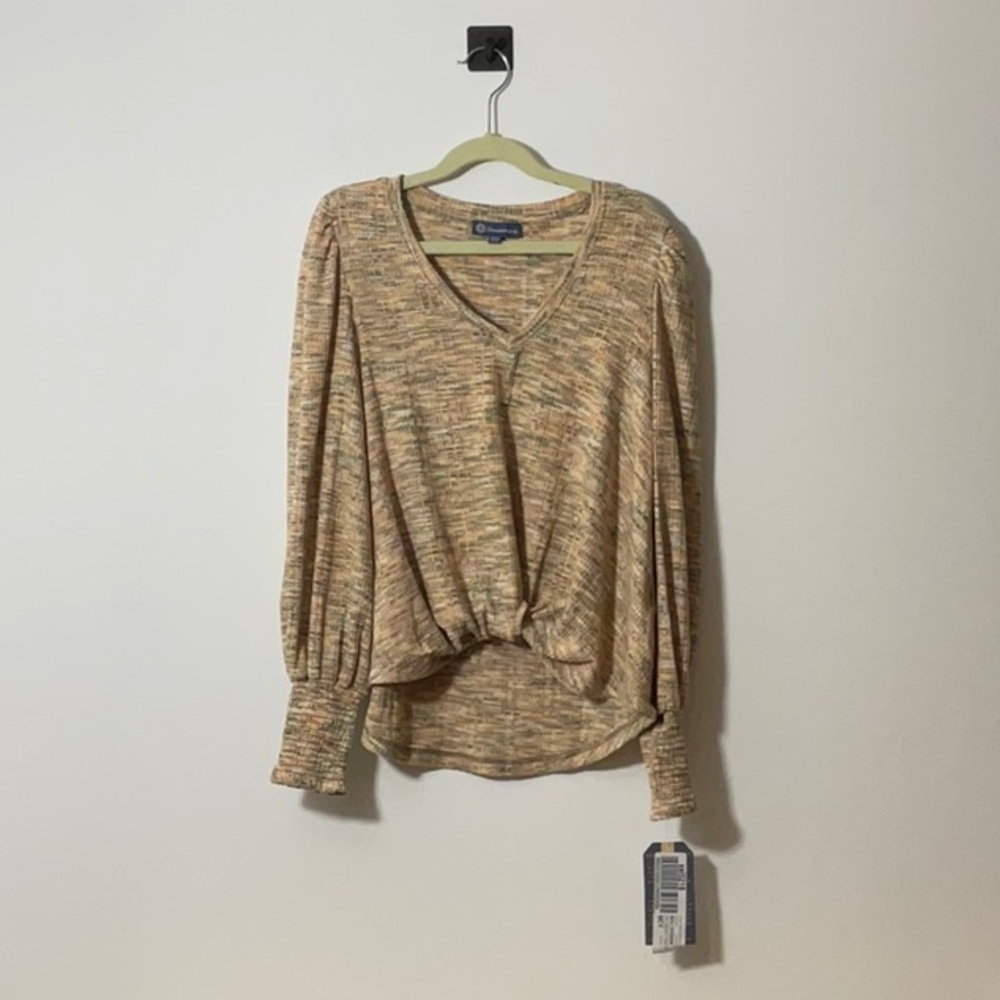 Democracy Tan 3/4 Sleeve Tie Front Blouse
